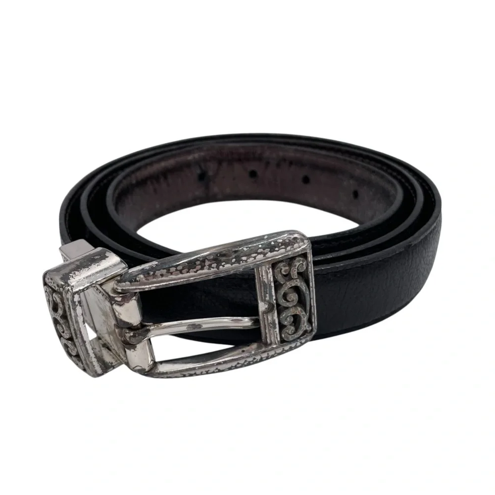 Vintage 80s 90s Brighton Black Leather Belt Women's Size 38 Embellished Buckle